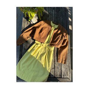 Early 60s Hand Made Wiggle Dress & Crop Jacket Set Peter Pan Collar Yellow Brown
